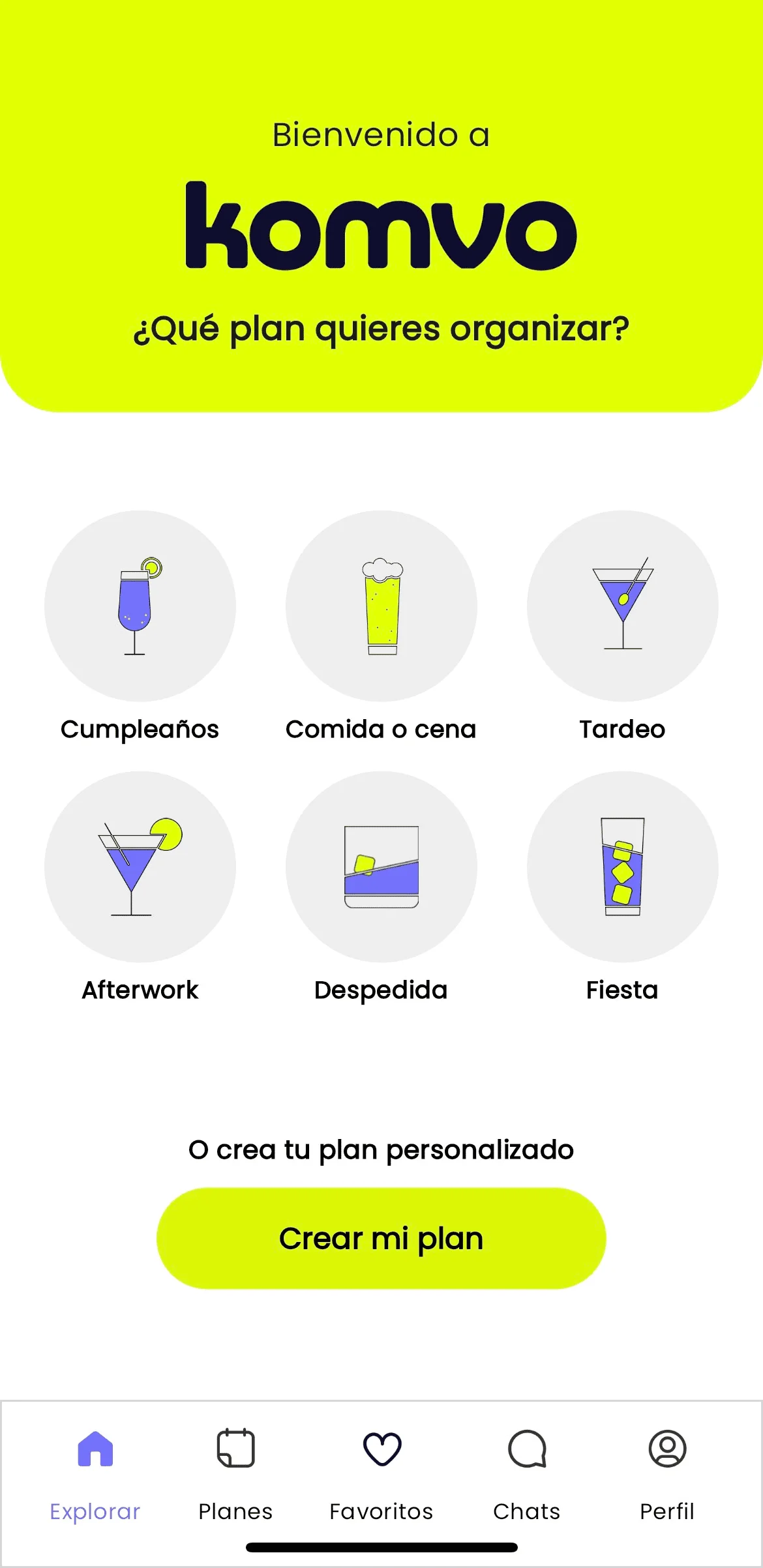 Captura de pantalla de la app Komvo: Elige tu tipo de plan Elige tu tipo de plan
