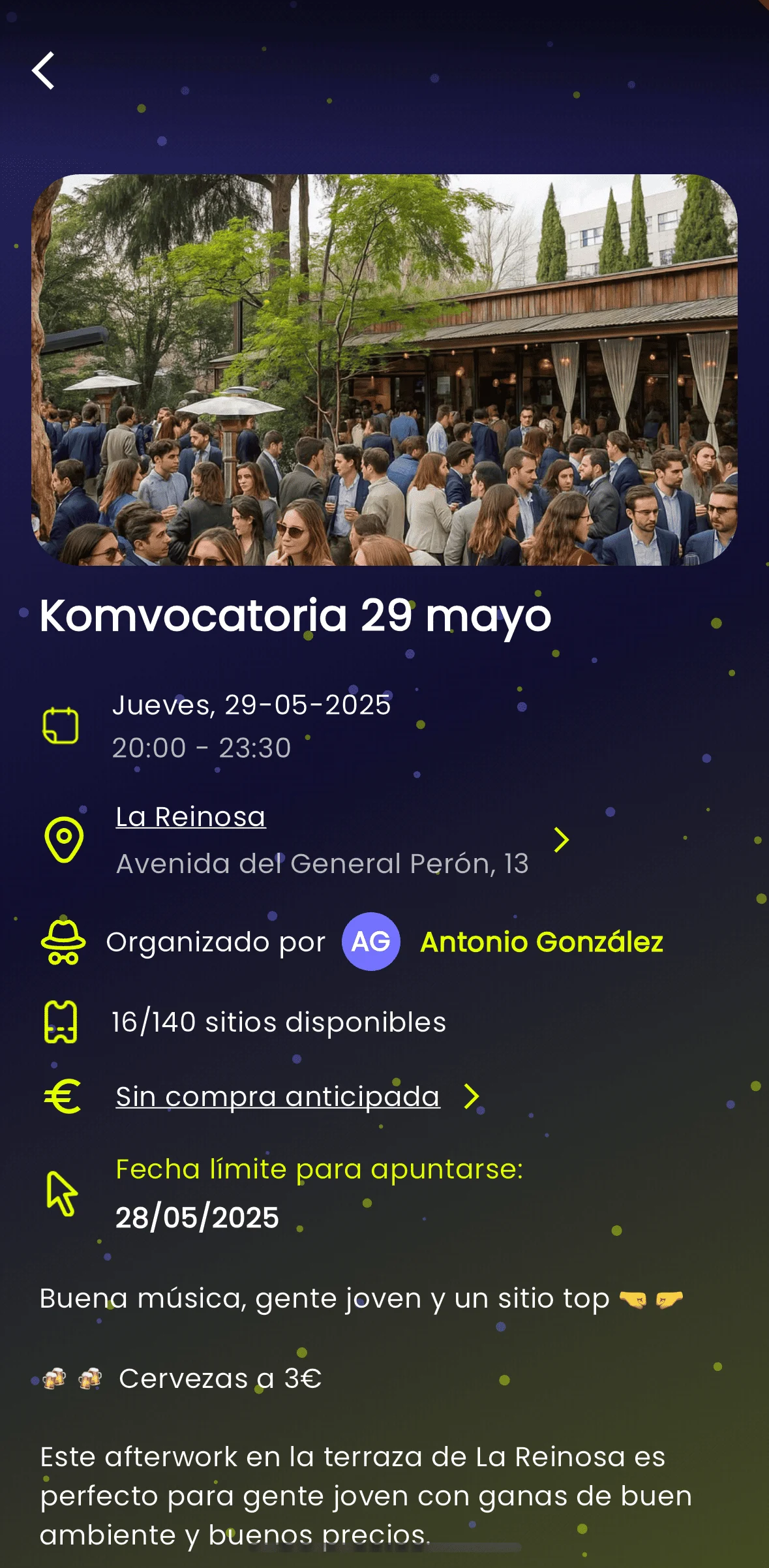 Captura de pantalla de la app Komvo: Comparte el plan Gestión de invitados
